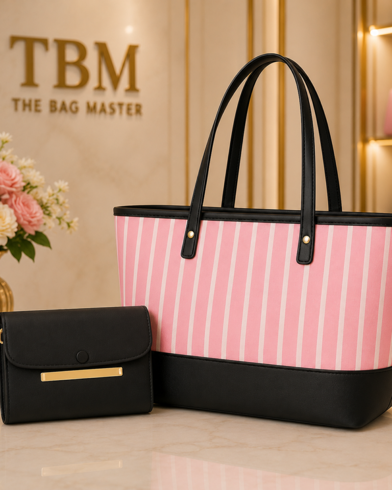 Premium Pink Stripe Shoulder Tote with Matching Wallet