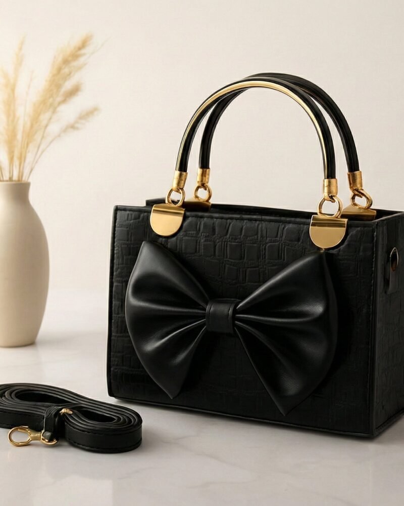 Luxury Metallic Croc-Textured Handbag with Elegant Oversized Bow & Designer Metal Handles