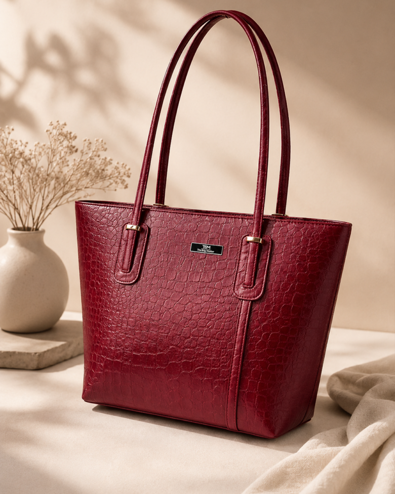 TBM Signature Crocodile Structured Tote Bag with Long Shoulder Handles