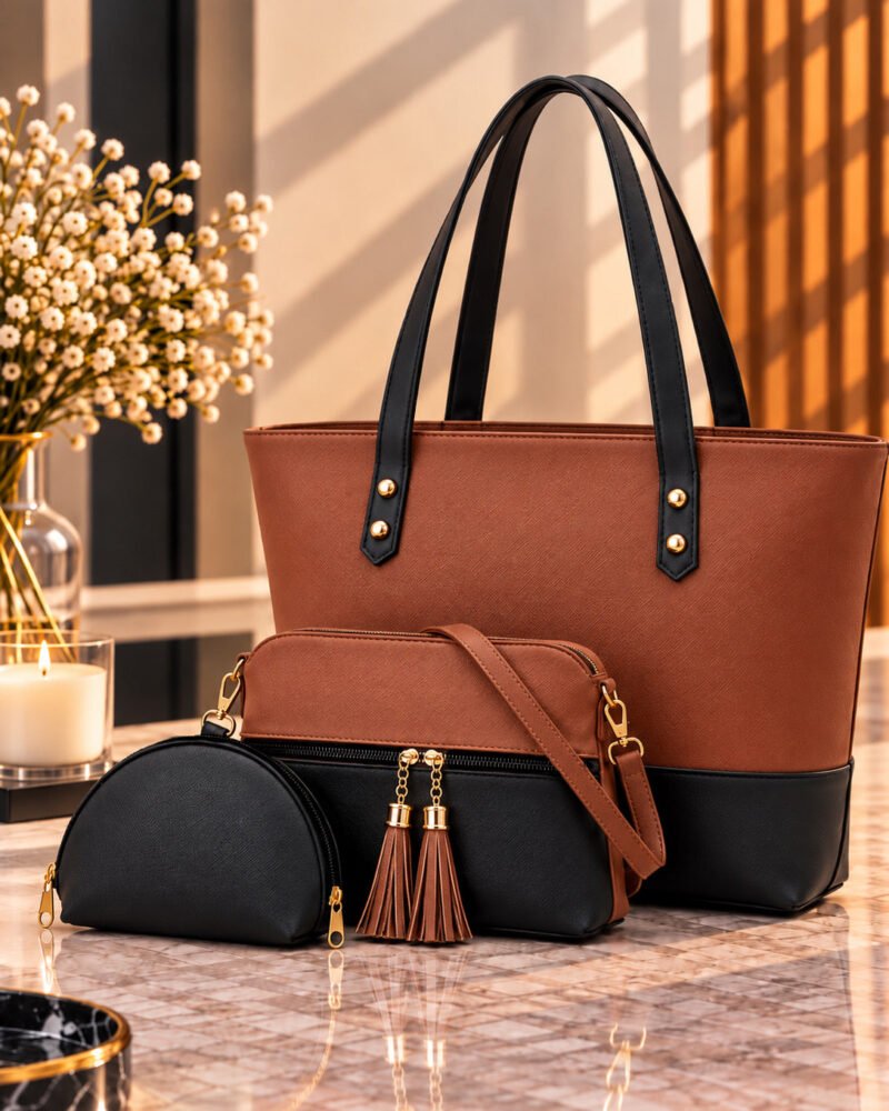 Luxe 3 Piece Tote Bag Set for Women, Dual Tone Handbag Set