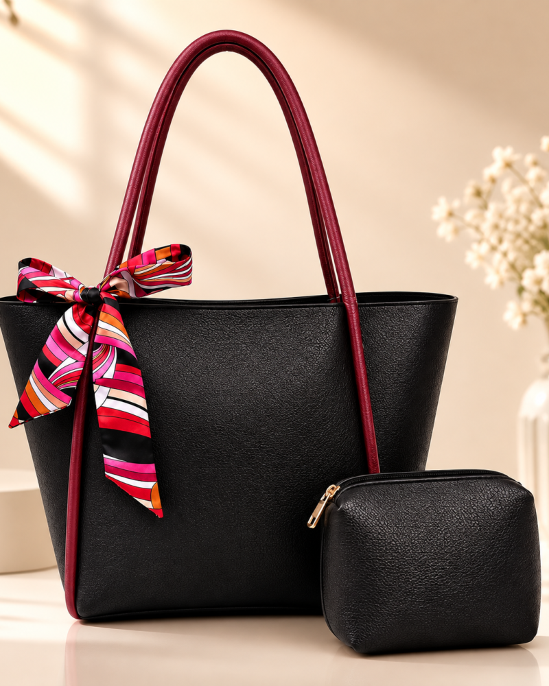 2 Piece Tote Handbag Set with Ribbon, Dual Tone Bags for Women